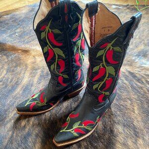 Cowboy Boot Embroidered Chili Pepper Red and Black Women's Size 7 Never Worn